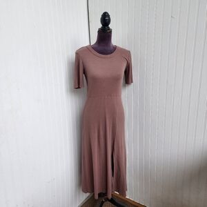 Magaschoni Midi Dress Brown Waffle Knit Belt Slit Classic Stretch Breathable S